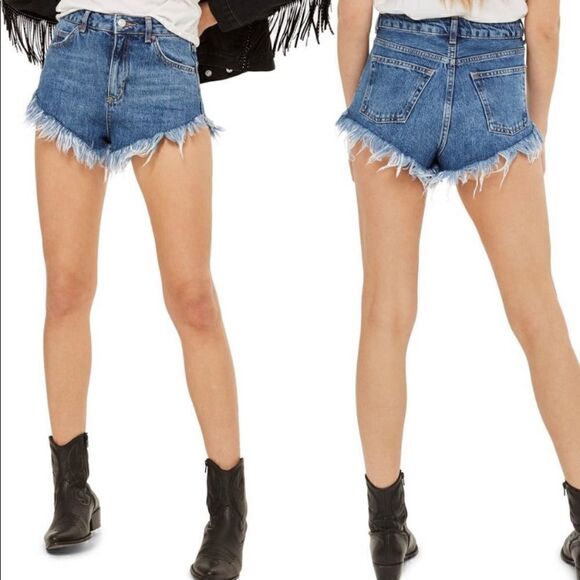 TOPSHOP Kiri Frayed High Waist Jean Shorts Size 6 - Picture 1 of 8